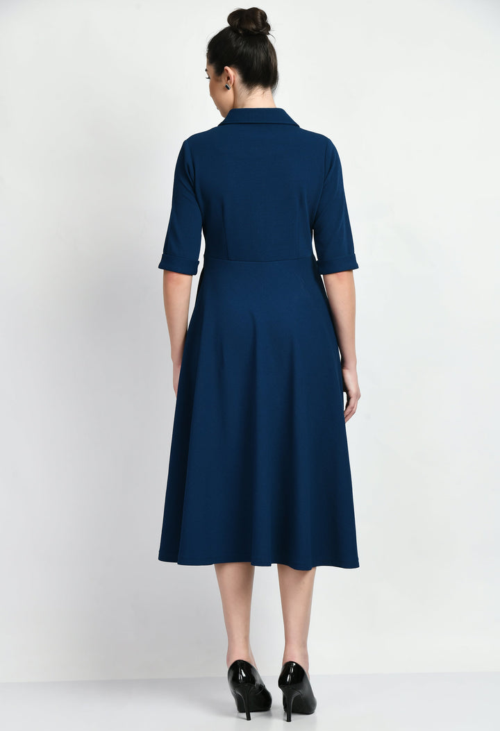 Royal-Blue-Cotton-Blend-Fit-&-Flared-Shirt-Midi-Dress