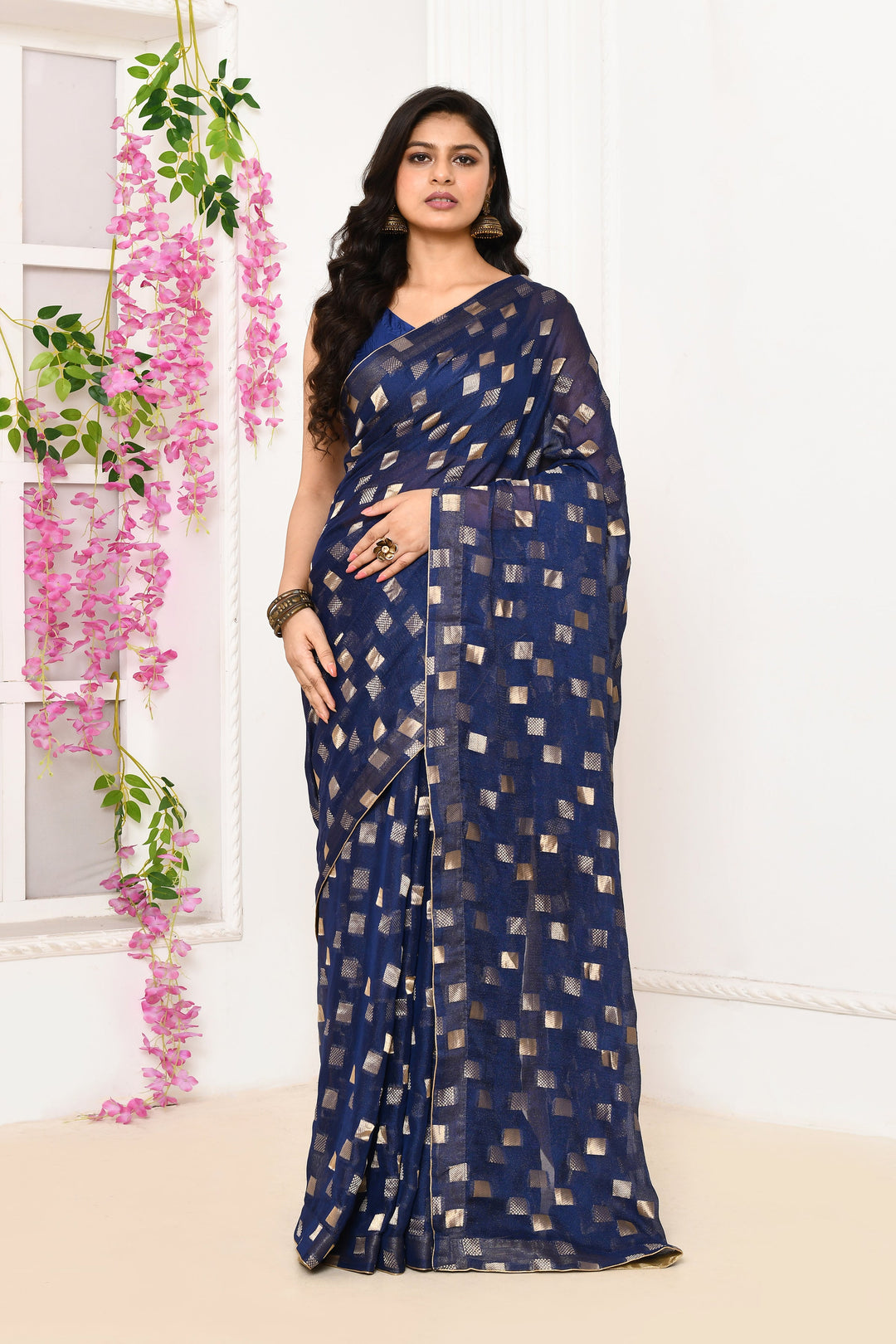 Royal-Blue-Jute-Upada-Golden-Checker-Pattern-Saree