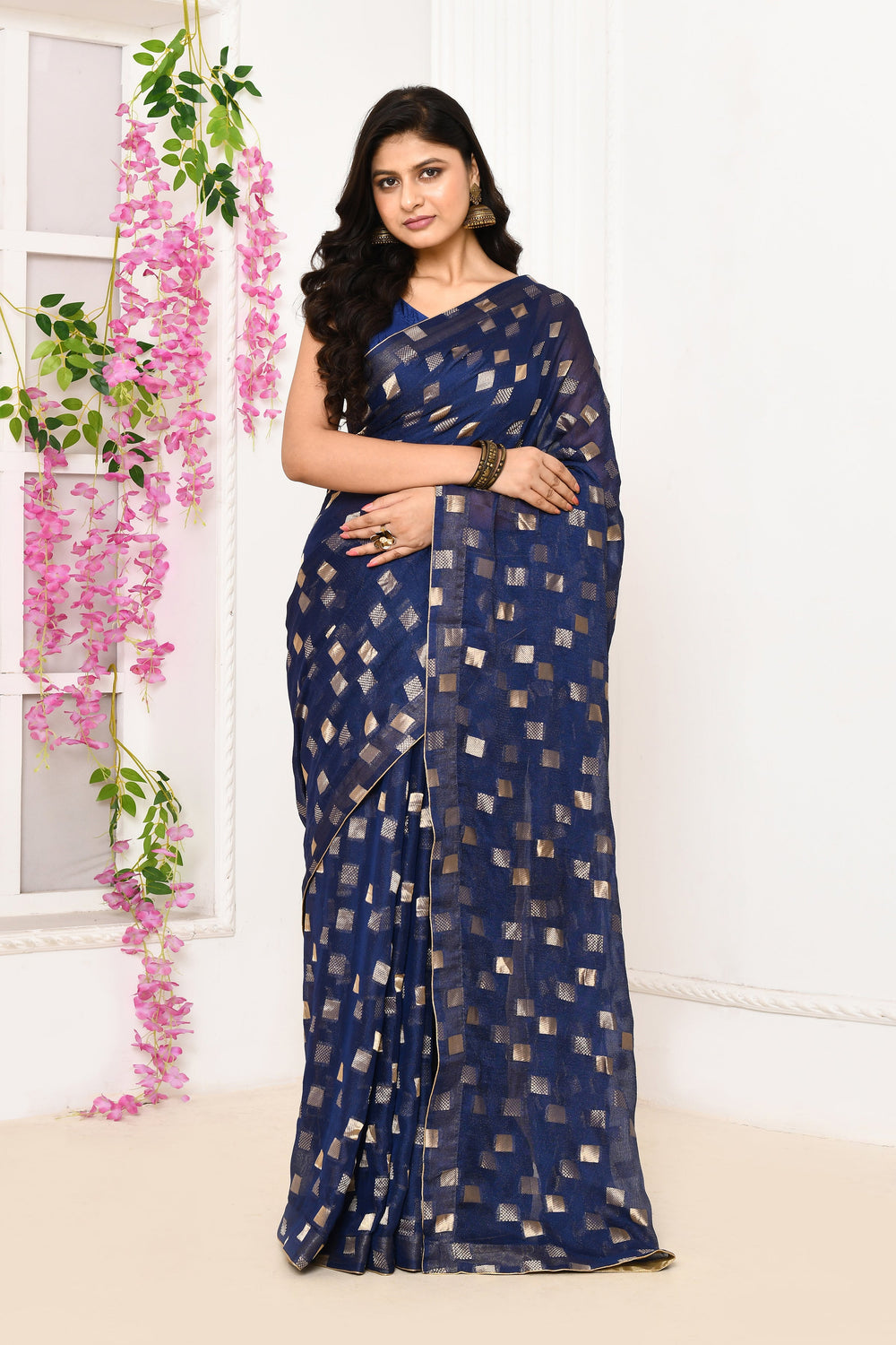 Royal-Blue-Jute-Upada-Golden-Checker-Pattern-Saree