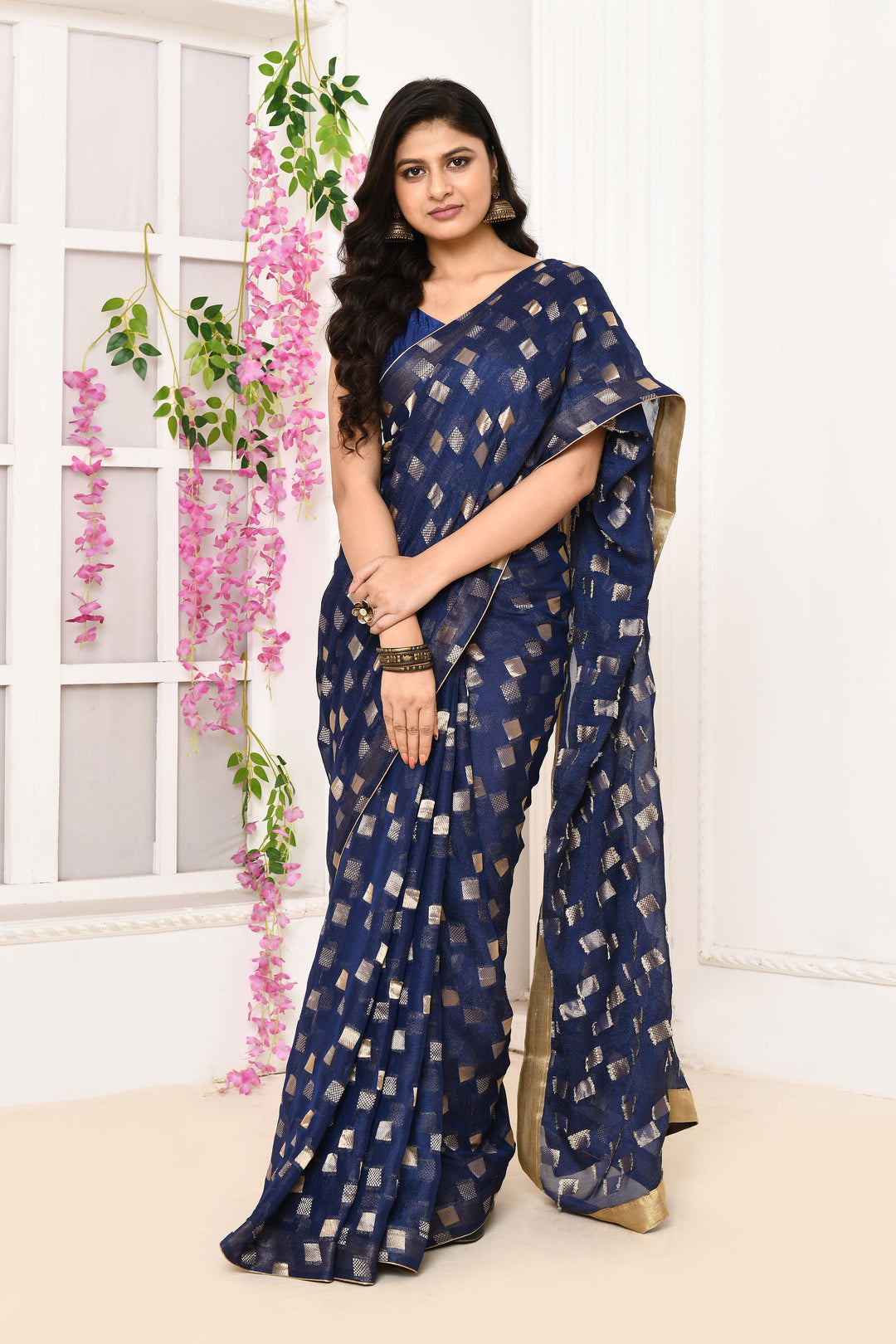 Royal-Blue-Jute-Upada-Golden-Checker-Pattern-Saree