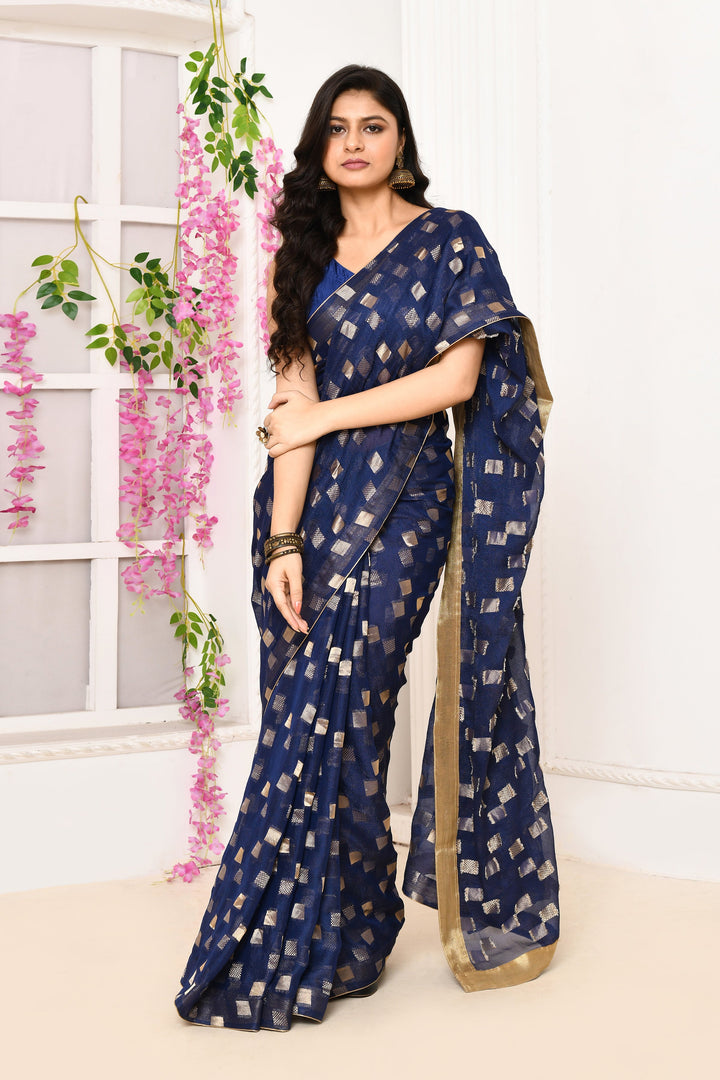 Royal-Blue-Jute-Upada-Golden-Checker-Pattern-Saree