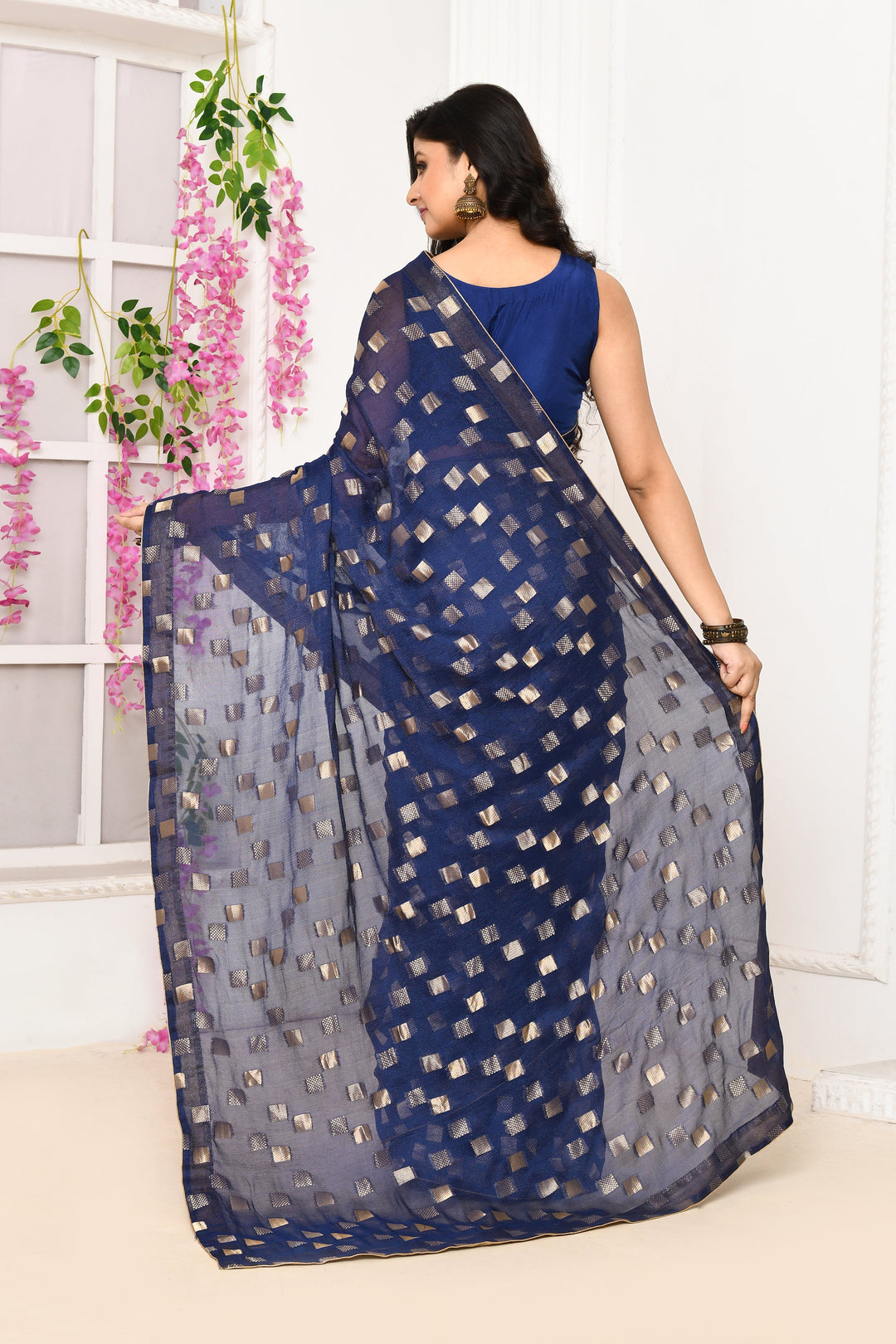 Royal-Blue-Jute-Upada-Golden-Checker-Pattern-Saree