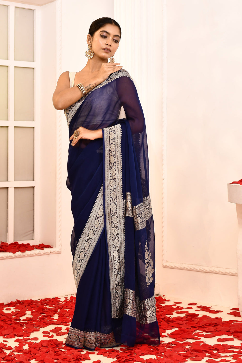 ZERESOUQ-Royal-Blue-Khaddi-Georgette-Banarasi-Saree-With-Booti-Blouse