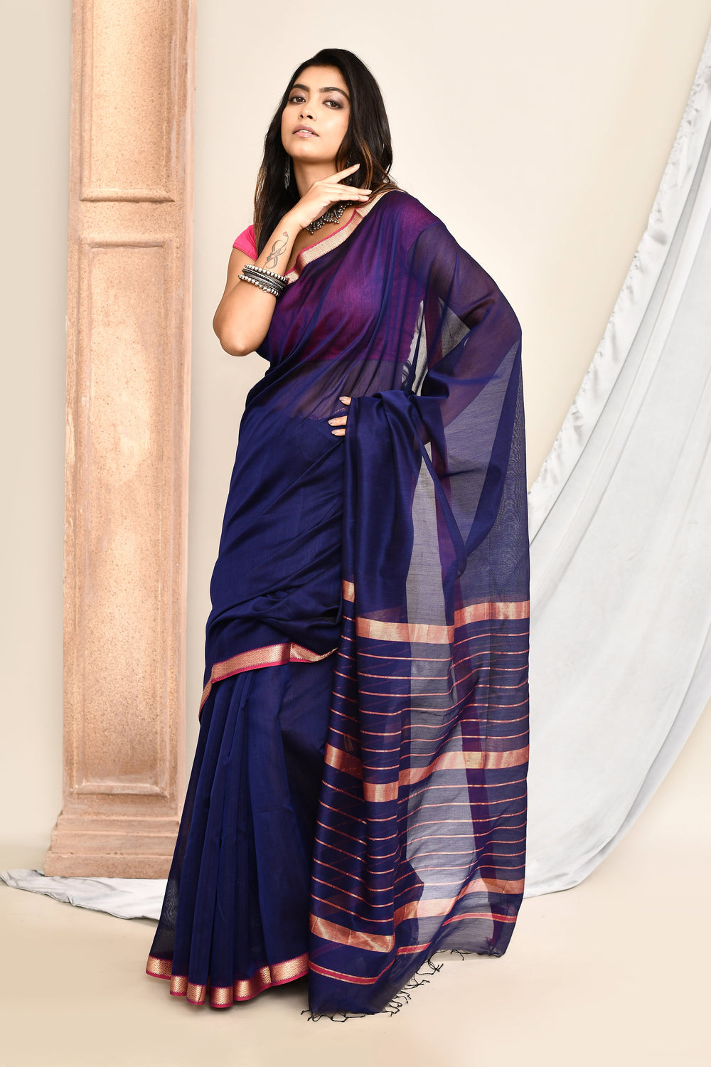 Royal-Blue-Maheshwari-Golden-Border-Saree