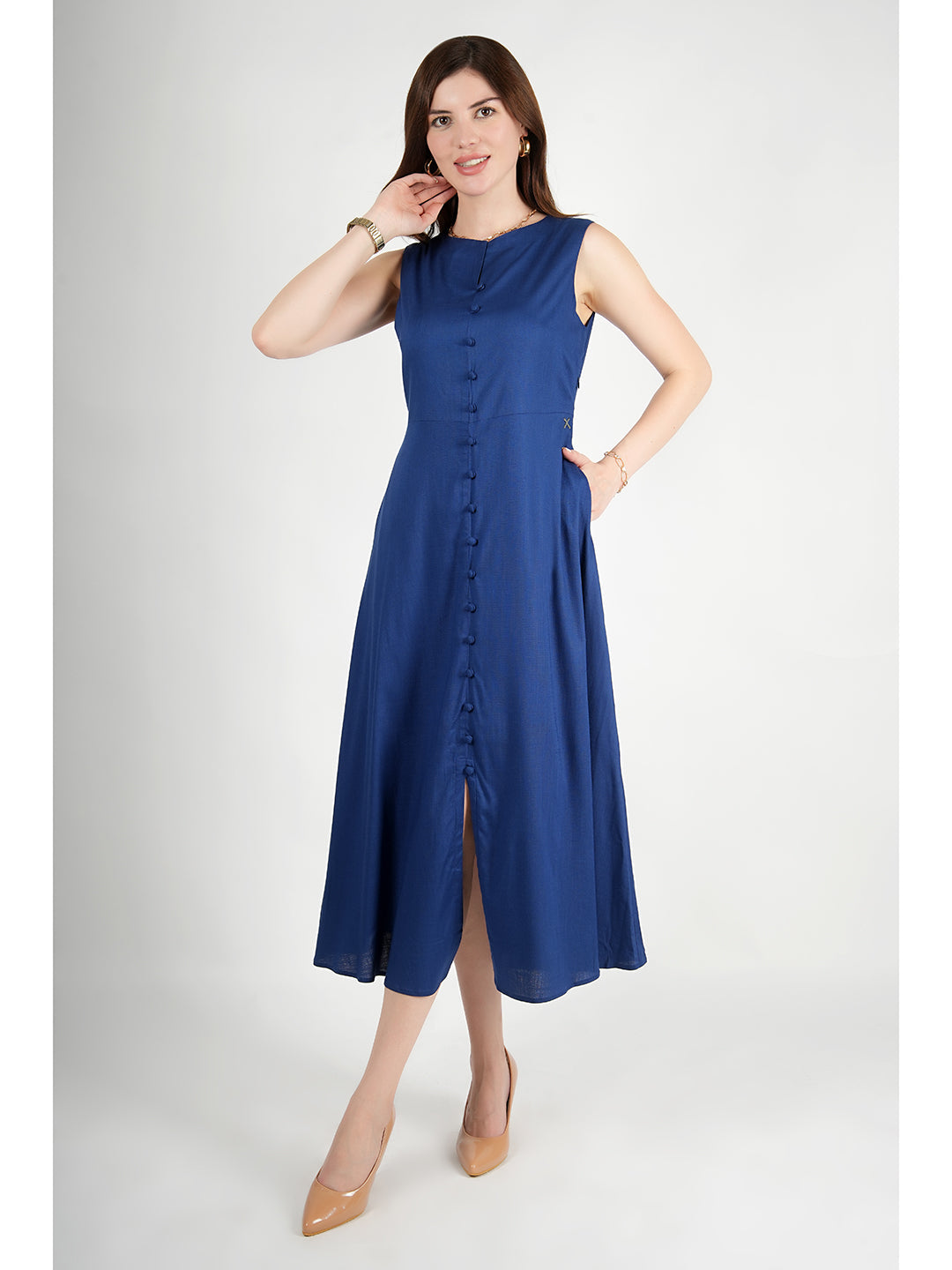 Royal-Blue-Rayon-Glowing-Front-Button-Dress