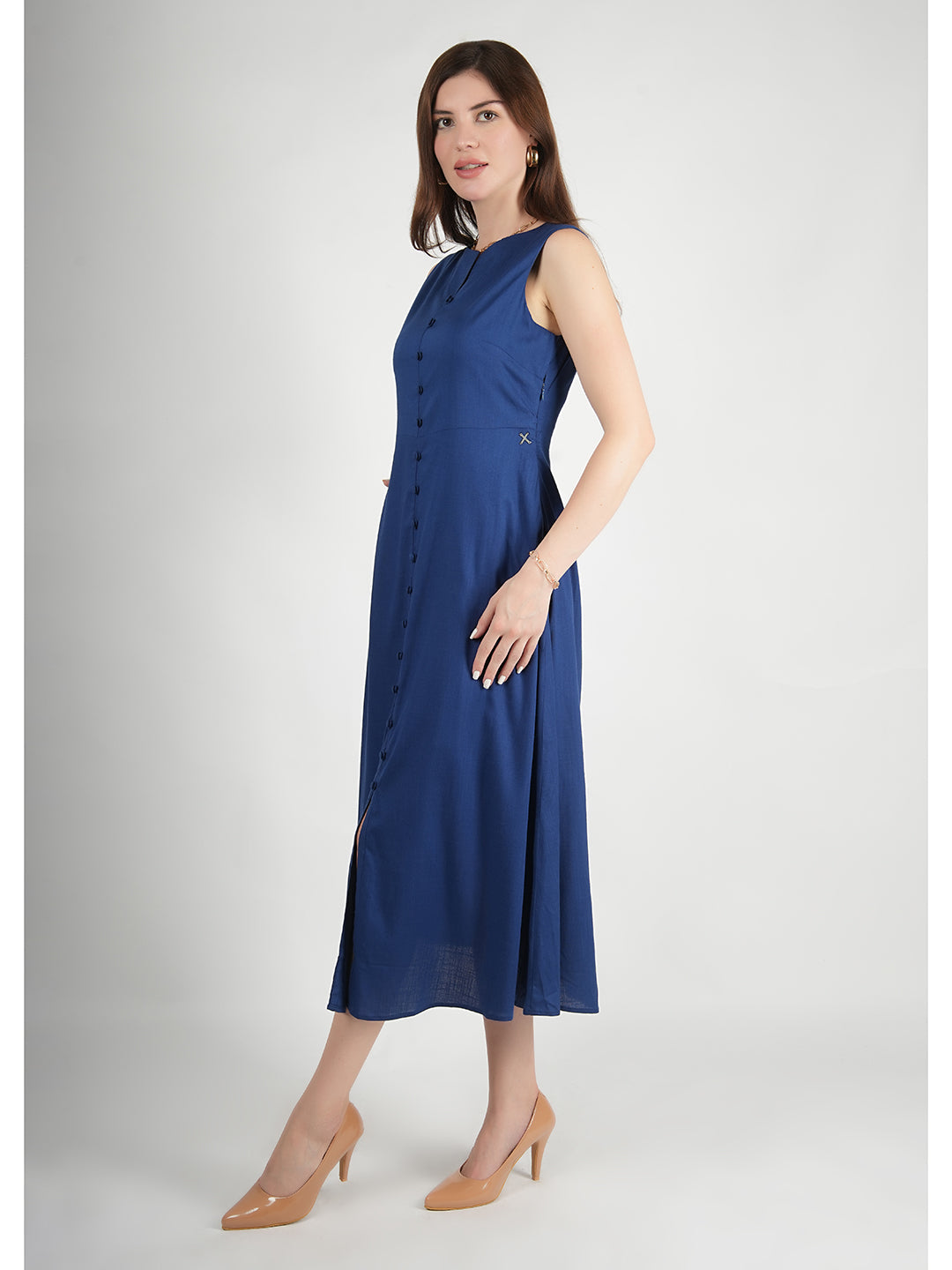 Royal-Blue-Rayon-Glowing-Front-Button-Dress