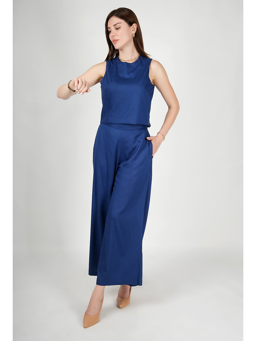 Royal-Blue-Rayon-Long-Jacket-&-Top-With-Wide-Leg-Trouser