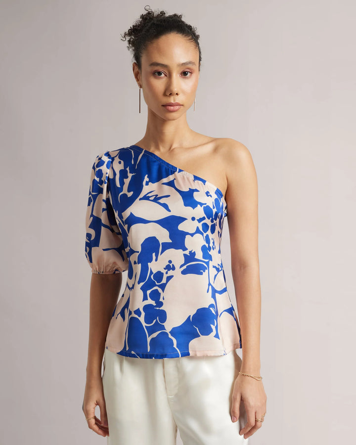 Royal Blue Satin Abstract One-Shoulder A-Line Top Only