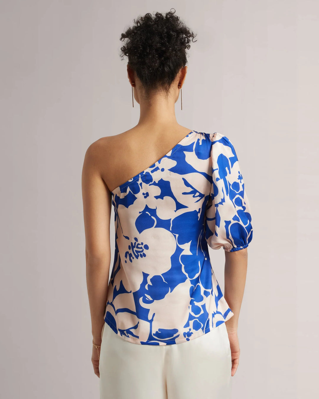 Royal Blue Satin Abstract One-Shoulder A-Line Top Only