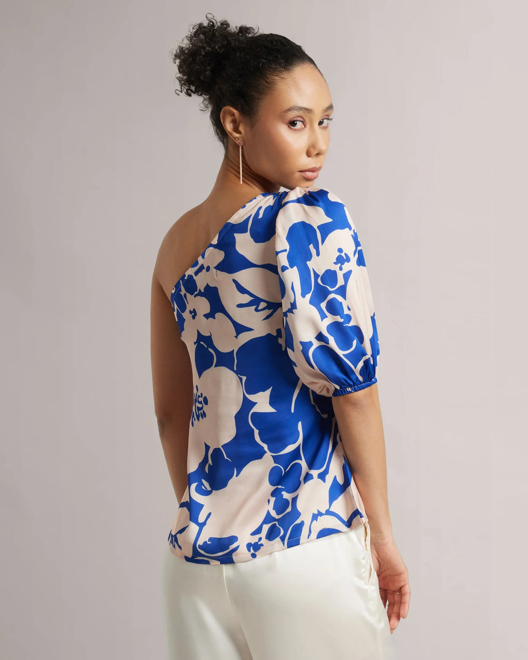 Royal Blue Satin Abstract One-Shoulder A-Line Top Only