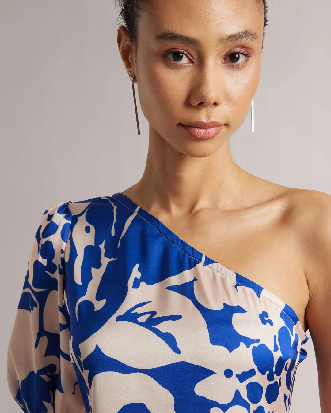 Royal Blue Satin Abstract One-Shoulder A-Line Top Only