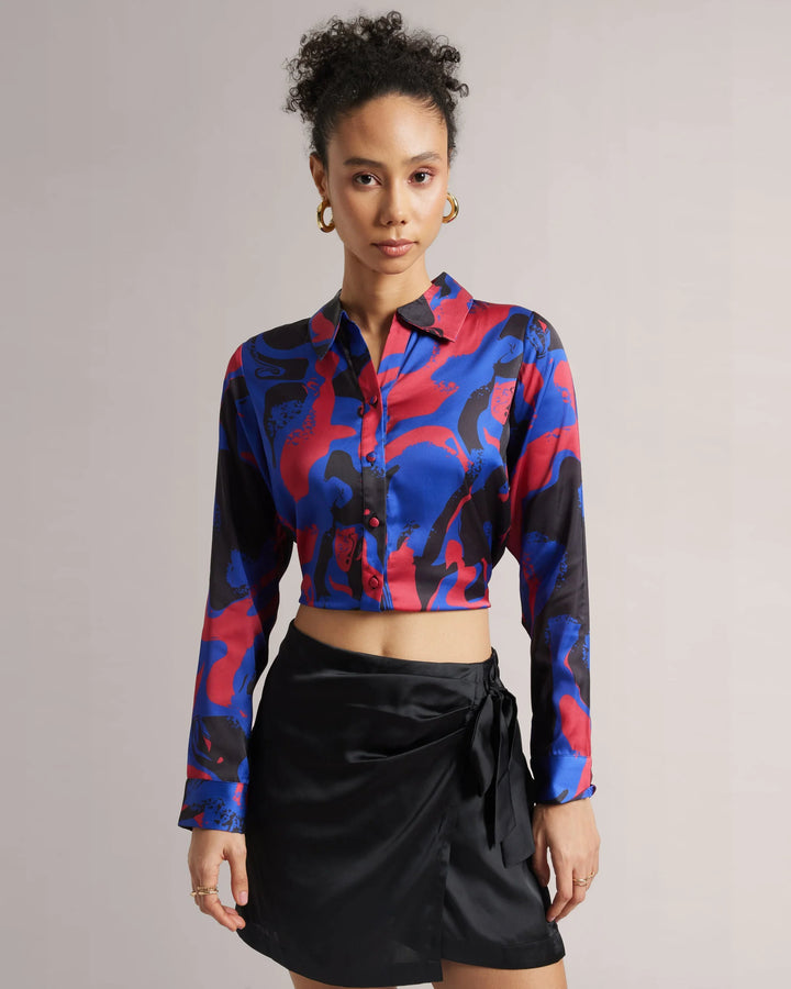 Royal Blue Satin Button Down Crop Printed Shirt Only