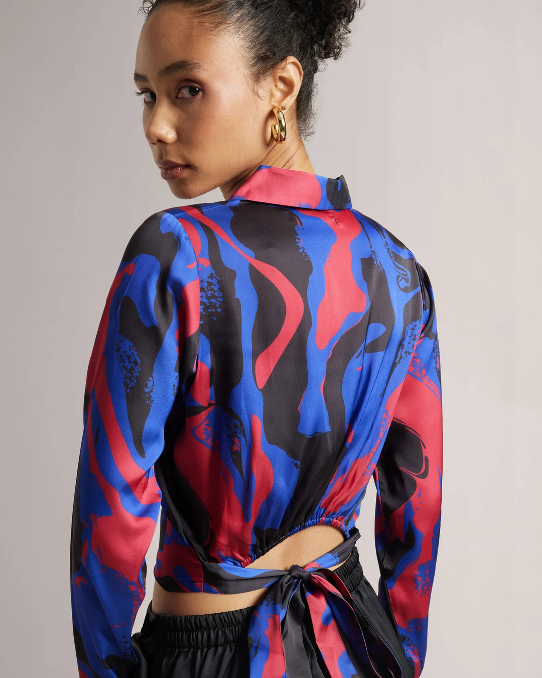 Royal Blue Satin Button Down Crop Printed Shirt Only