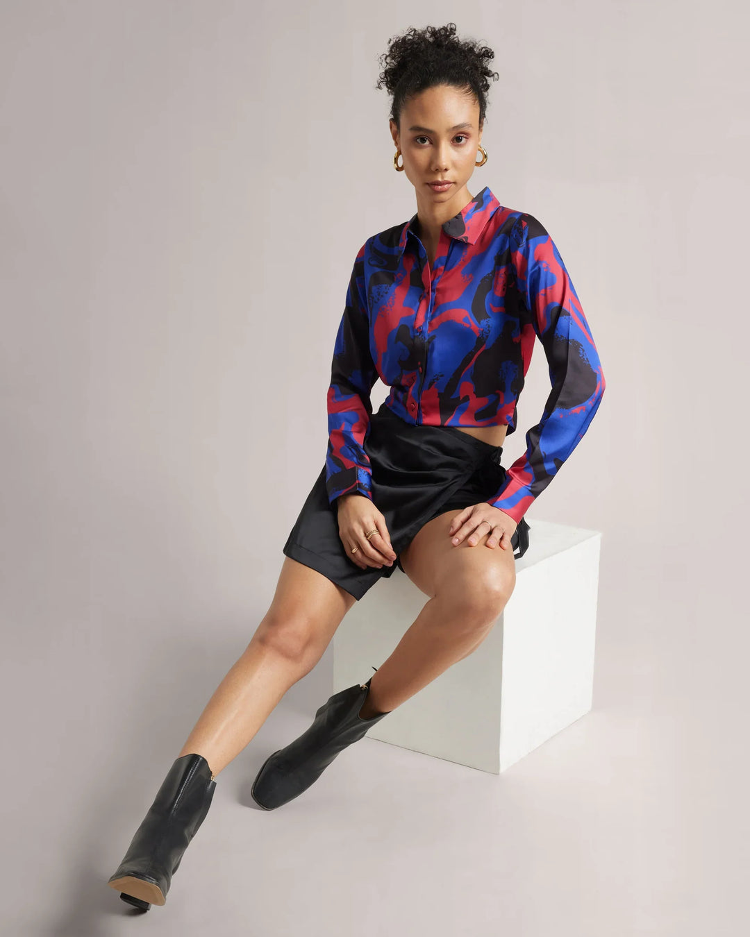 Royal Blue Satin Button Down Crop Printed Shirt Only