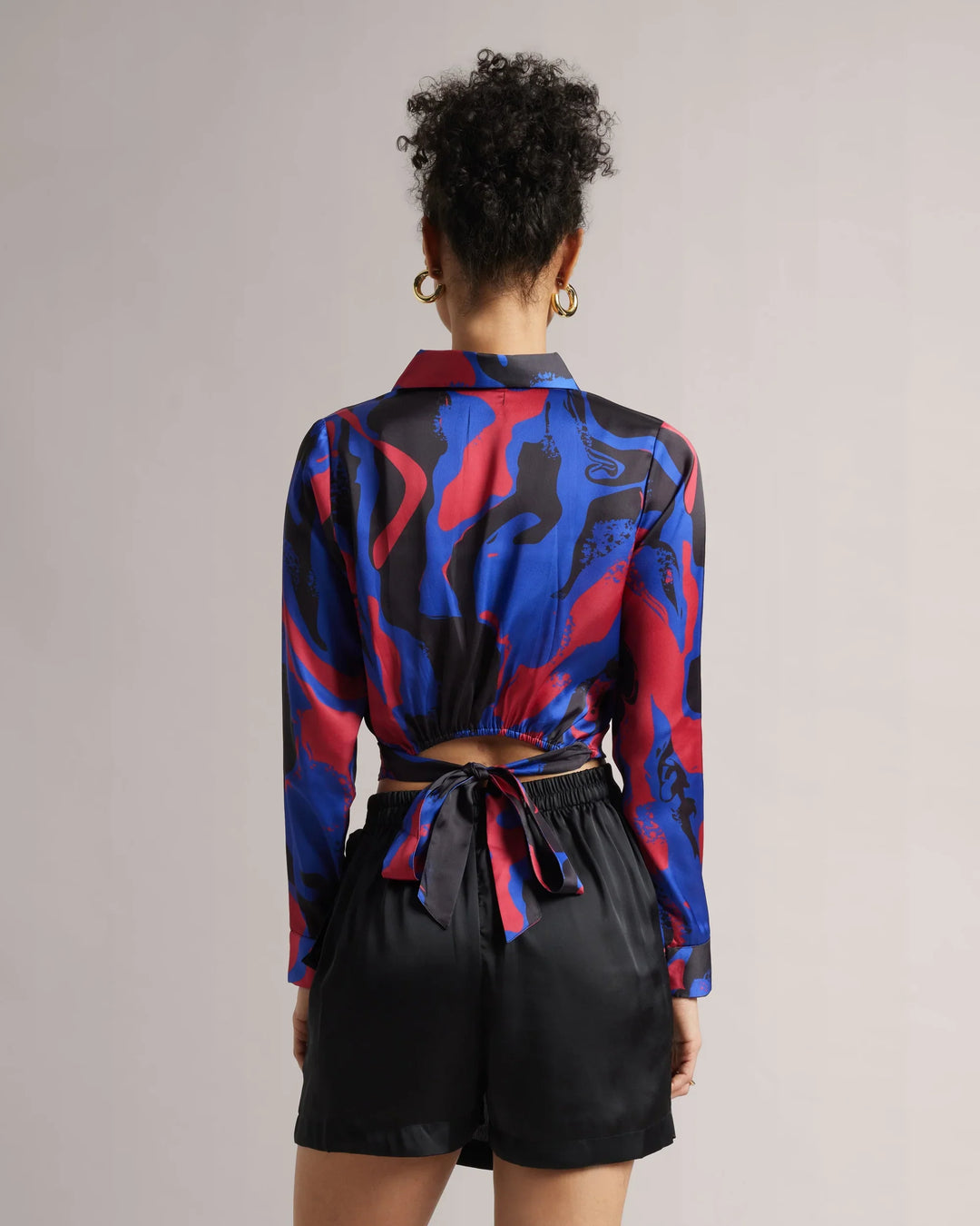 Royal Blue Satin Button Down Crop Printed Shirt Only