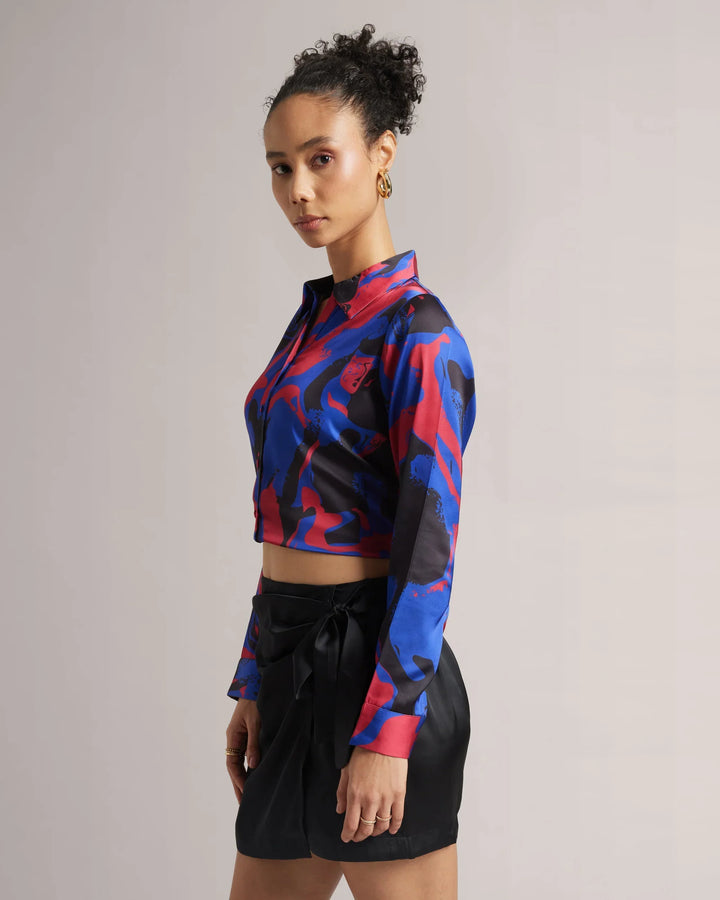 Royal Blue Satin Button Down Crop Printed Shirt Only