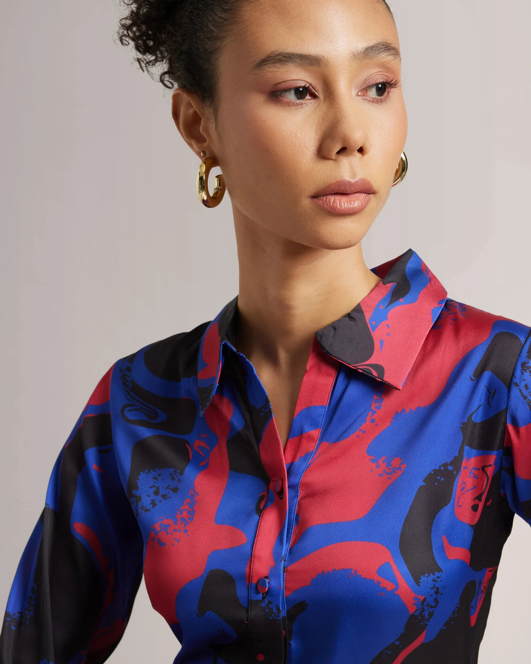 Royal Blue Satin Button Down Crop Printed Shirt Only