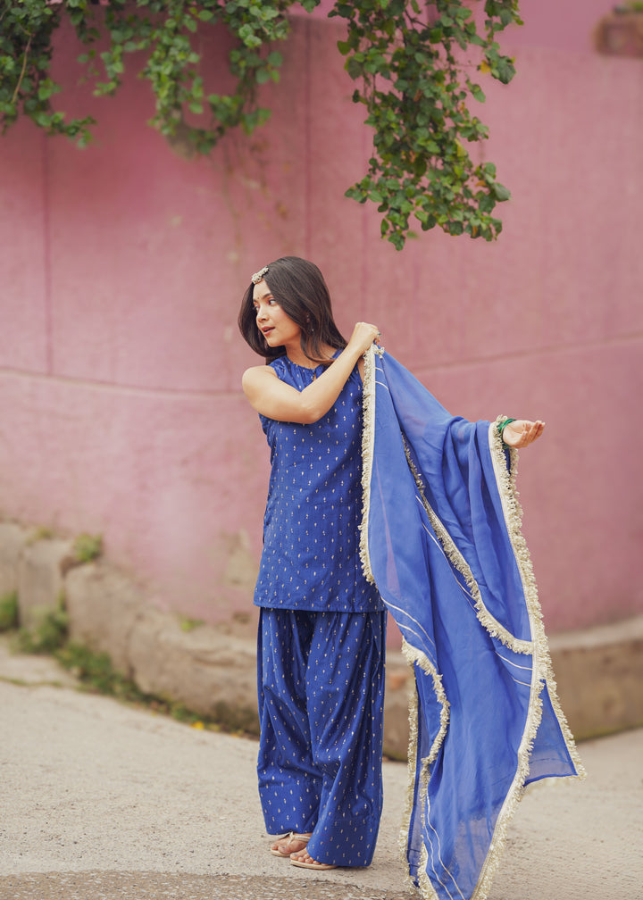 Royal Blue Chanderi Sleeveless Farshi Suit Set