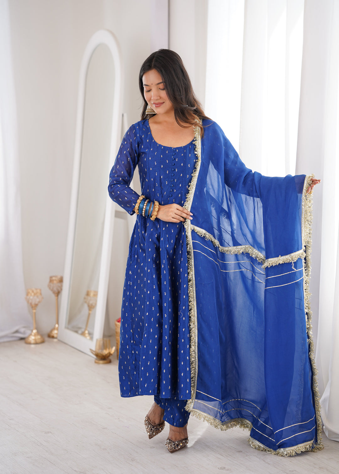 Royal Blue Chanderi Anarkali Suit Set