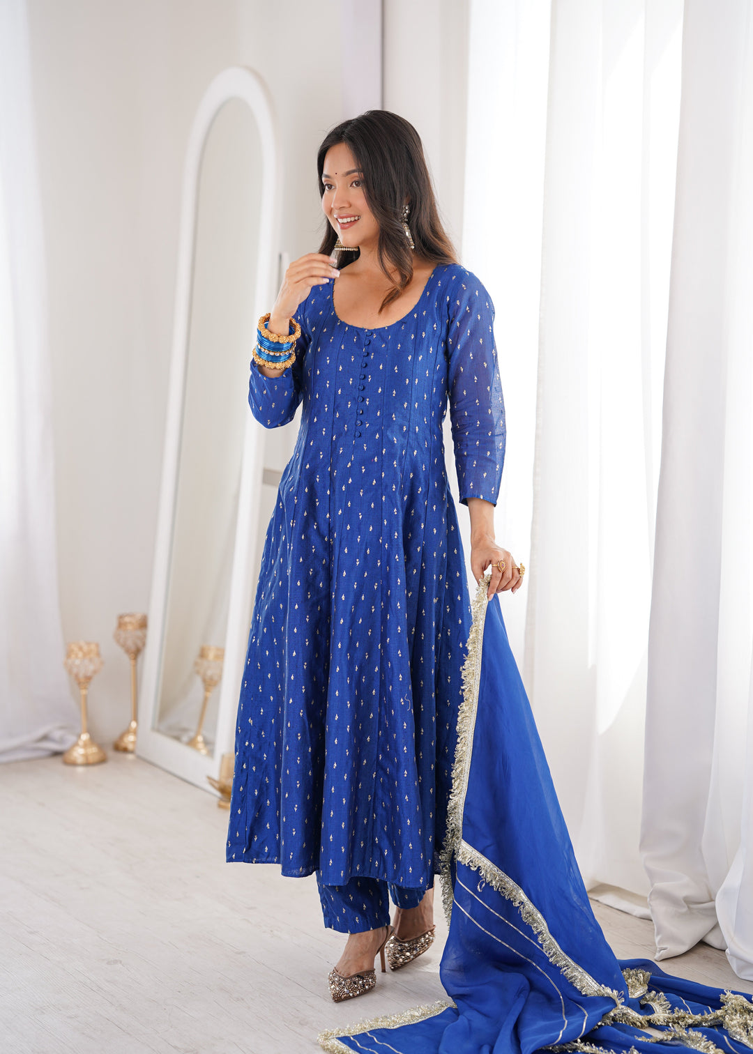 Royal Blue Chanderi Anarkali Suit Set
