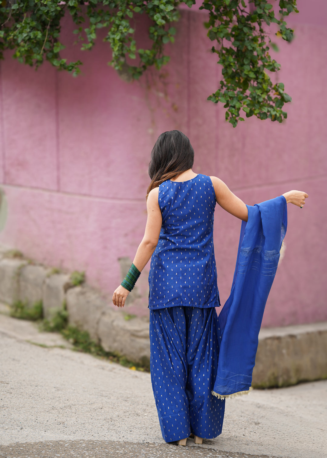 Royal Blue Chanderi Sleeveless Farshi Suit Set