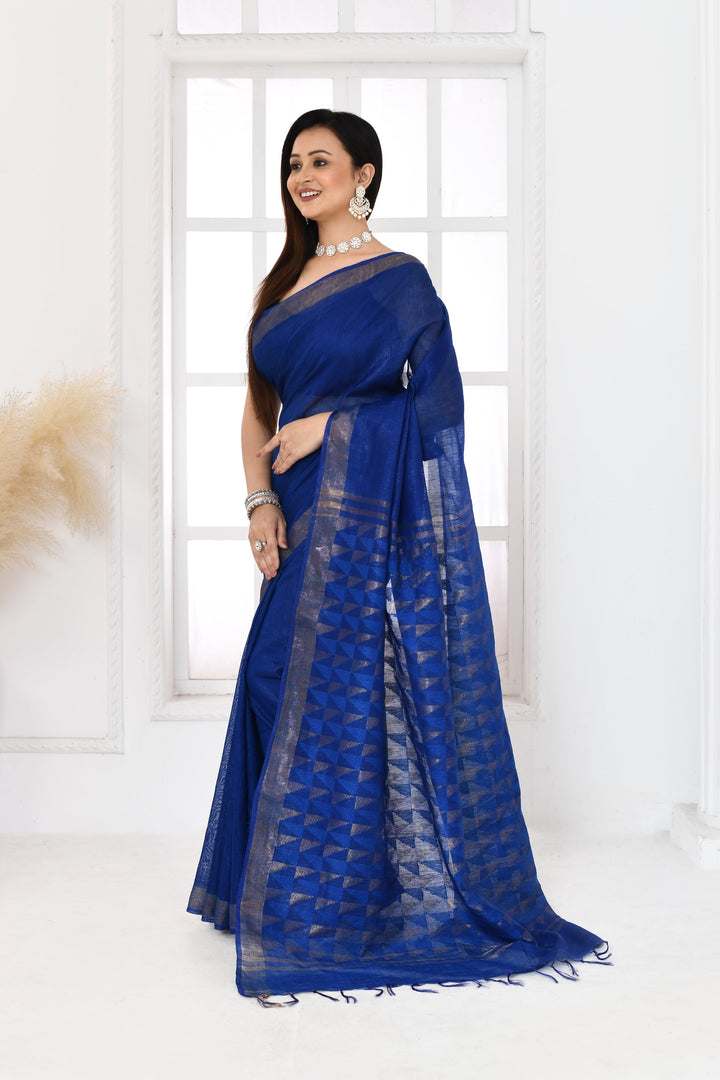 Royal-Blue-Tussar-Linen-Handloom-Saree-With-Woven-Zari-Pallu