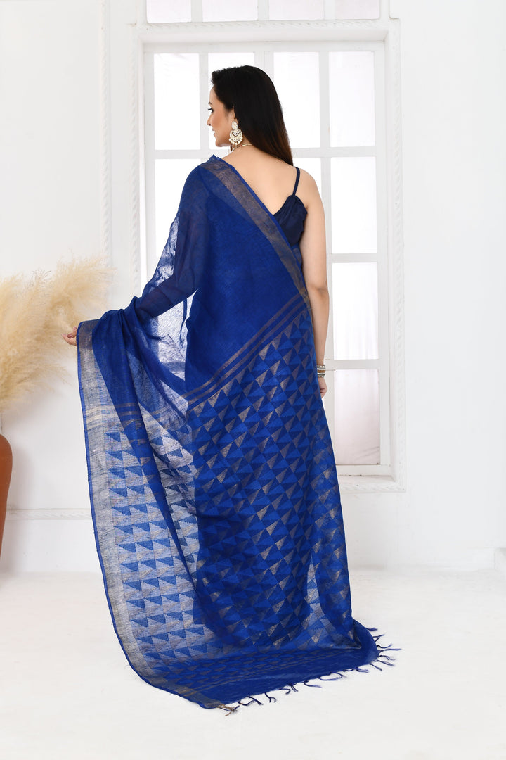 Royal-Blue-Tussar-Linen-Handloom-Saree-With-Woven-Zari-Pallu
