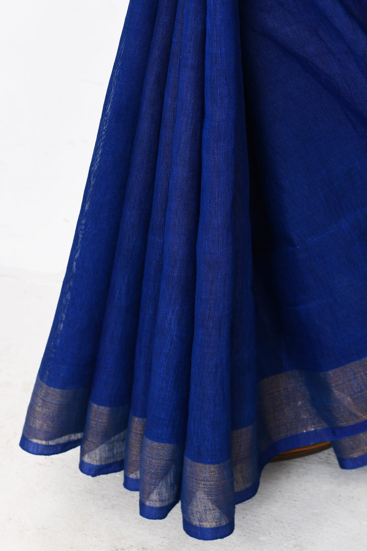 Royal-Blue-Tussar-Linen-Handloom-Saree-With-Woven-Zari-Pallu