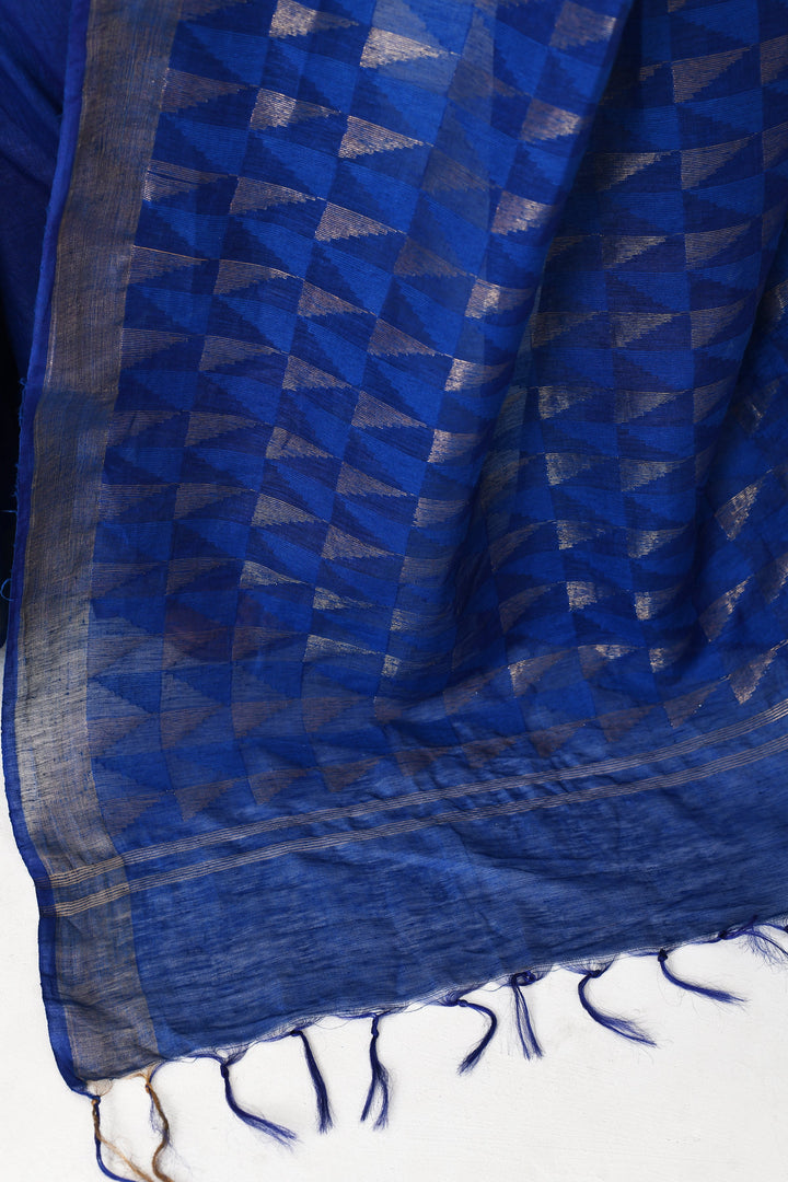 Royal-Blue-Tussar-Linen-Handloom-Saree-With-Woven-Zari-Pallu