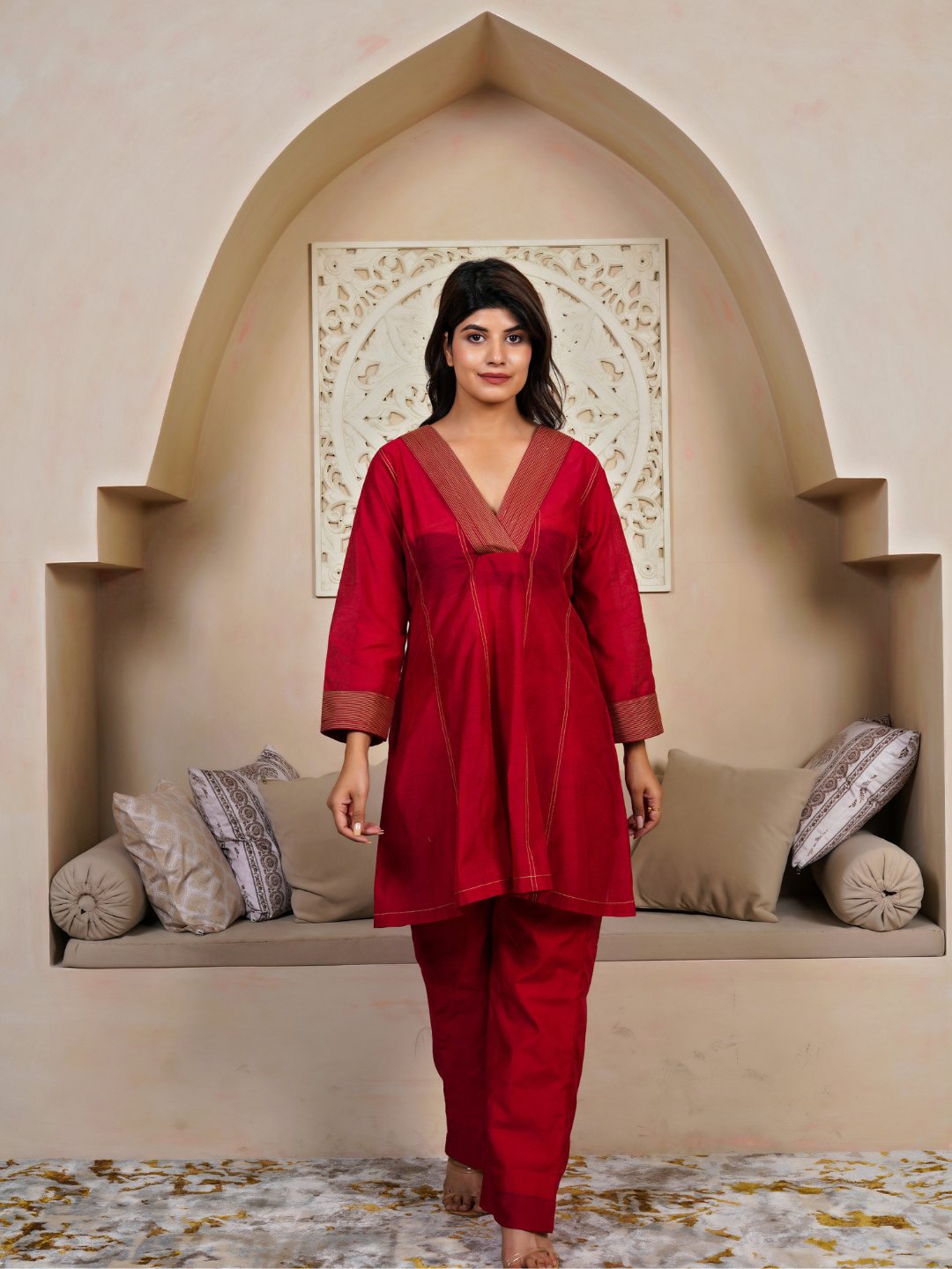 Ruby-Red-Cotton-Silk-Chanderi-2-Piece-Kurta-Set