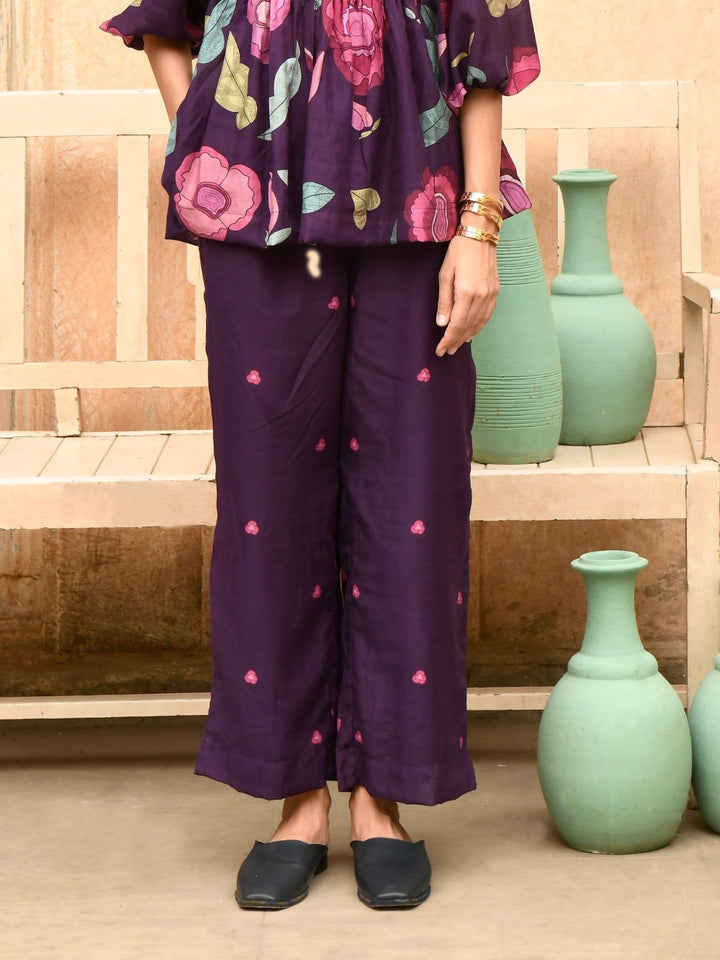 Russian Violet Silk High-Waist Straight Pants