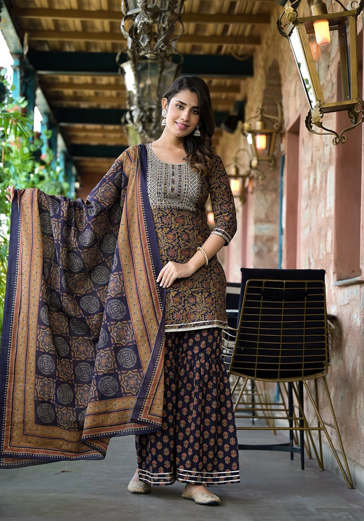 Rust-&-Navy-Blue-Floral-Zari-Work-Sharara-Set