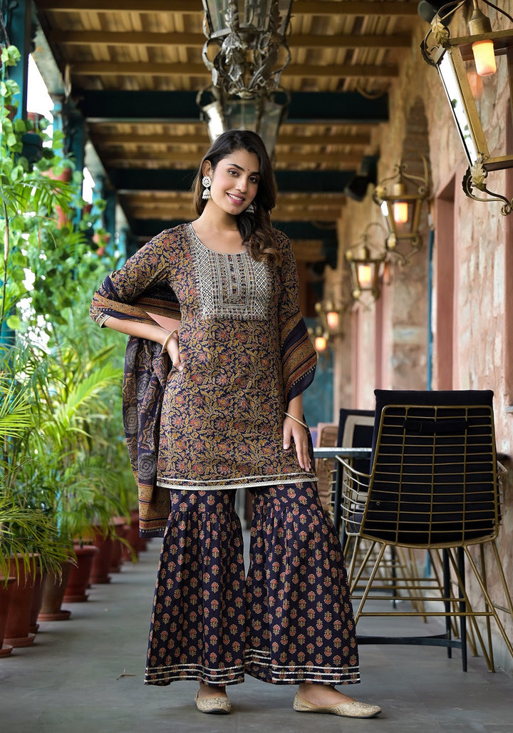 Rust-&-Navy-Blue-Floral-Zari-Work-Sharara-Set