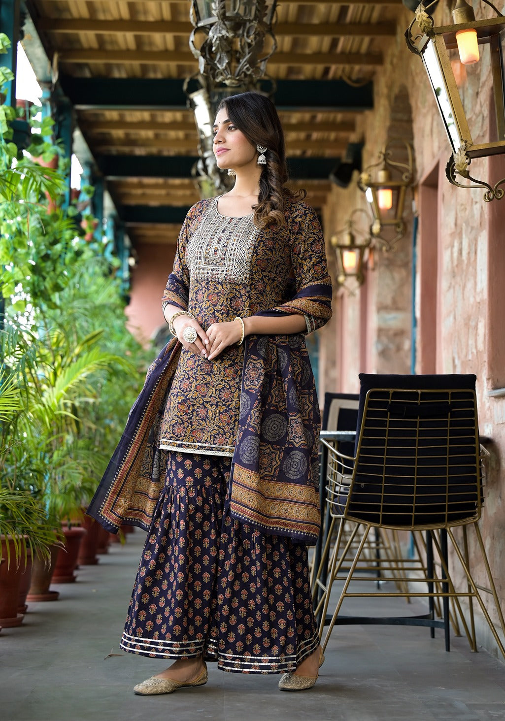 Rust-&-Navy-Blue-Floral-Zari-Work-Sharara-Set