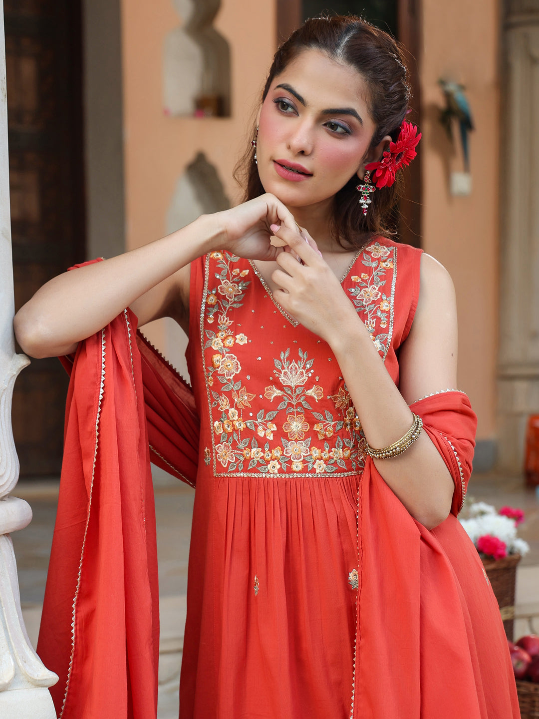 Rust-Cotton-A-Line-Embroidered-3-Piece-Kurta-Set