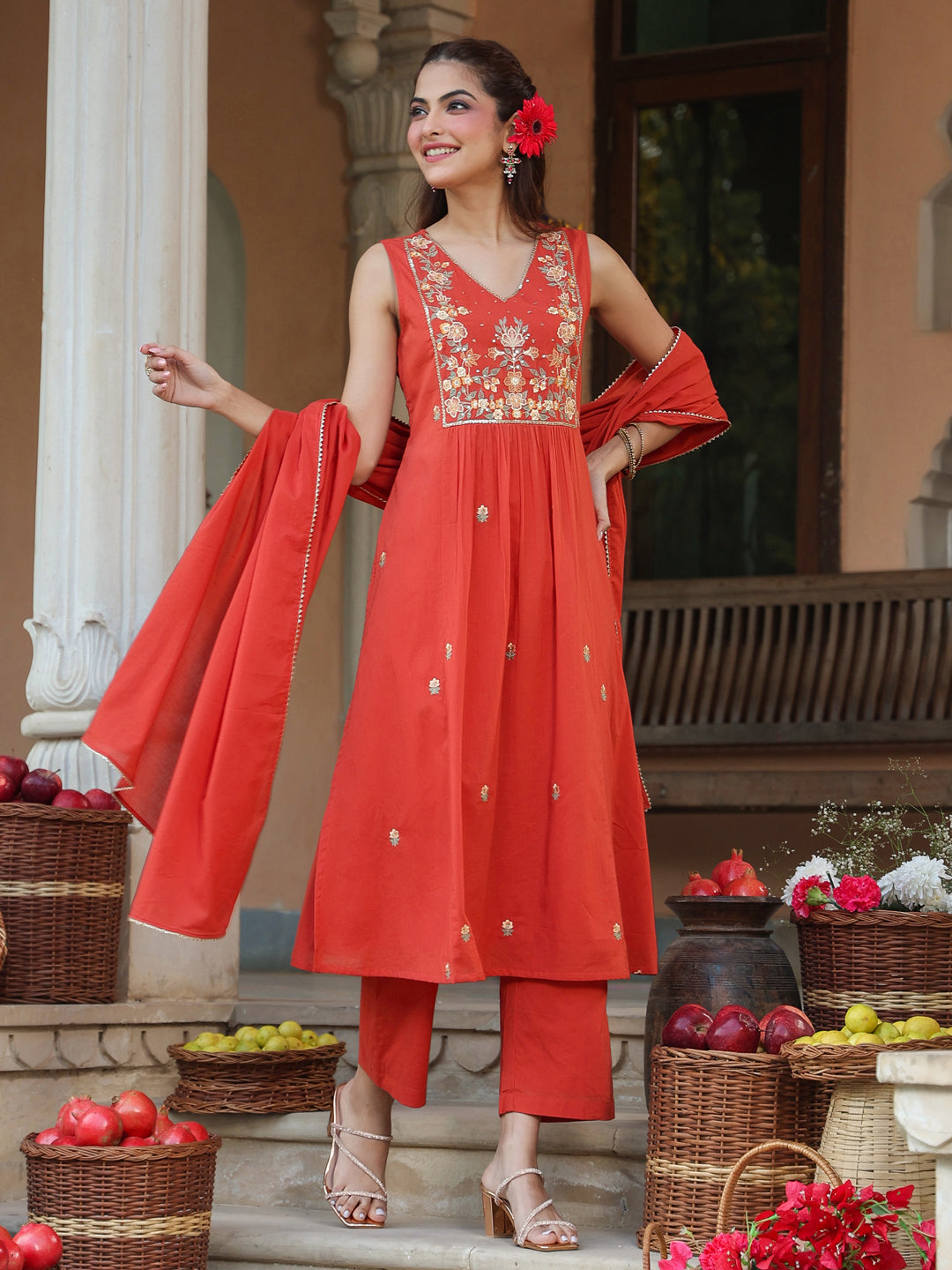 Rust-Cotton-A-Line-Embroidered-3-Piece-Kurta-Set