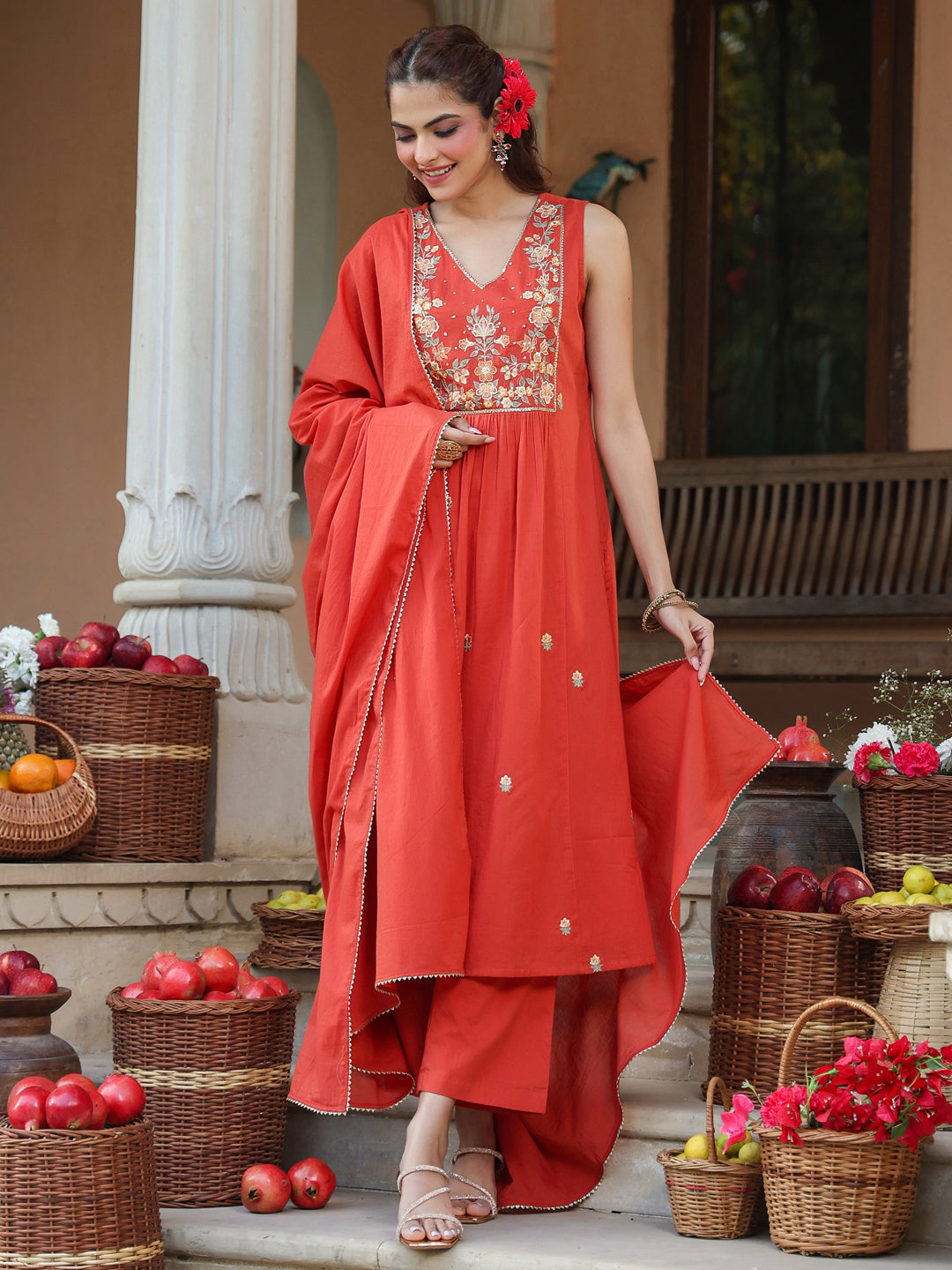 Rust-Cotton-A-Line-Embroidered-3-Piece-Kurta-Set