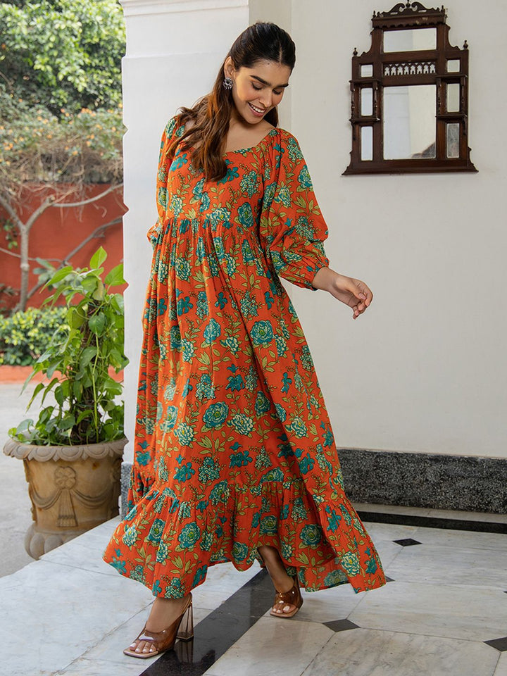 ZERESOUQ-Rust-Cotton-Sweet-Heart-Neck-Dress