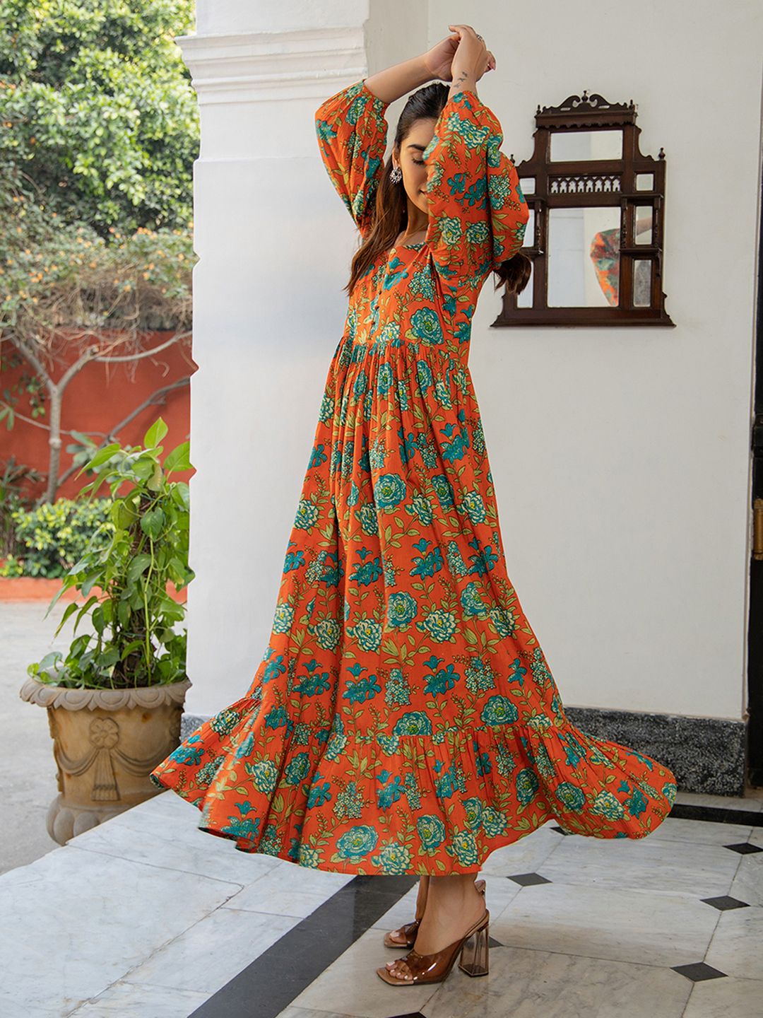 ZERESOUQ-Rust-Cotton-Sweet-Heart-Neck-Dress