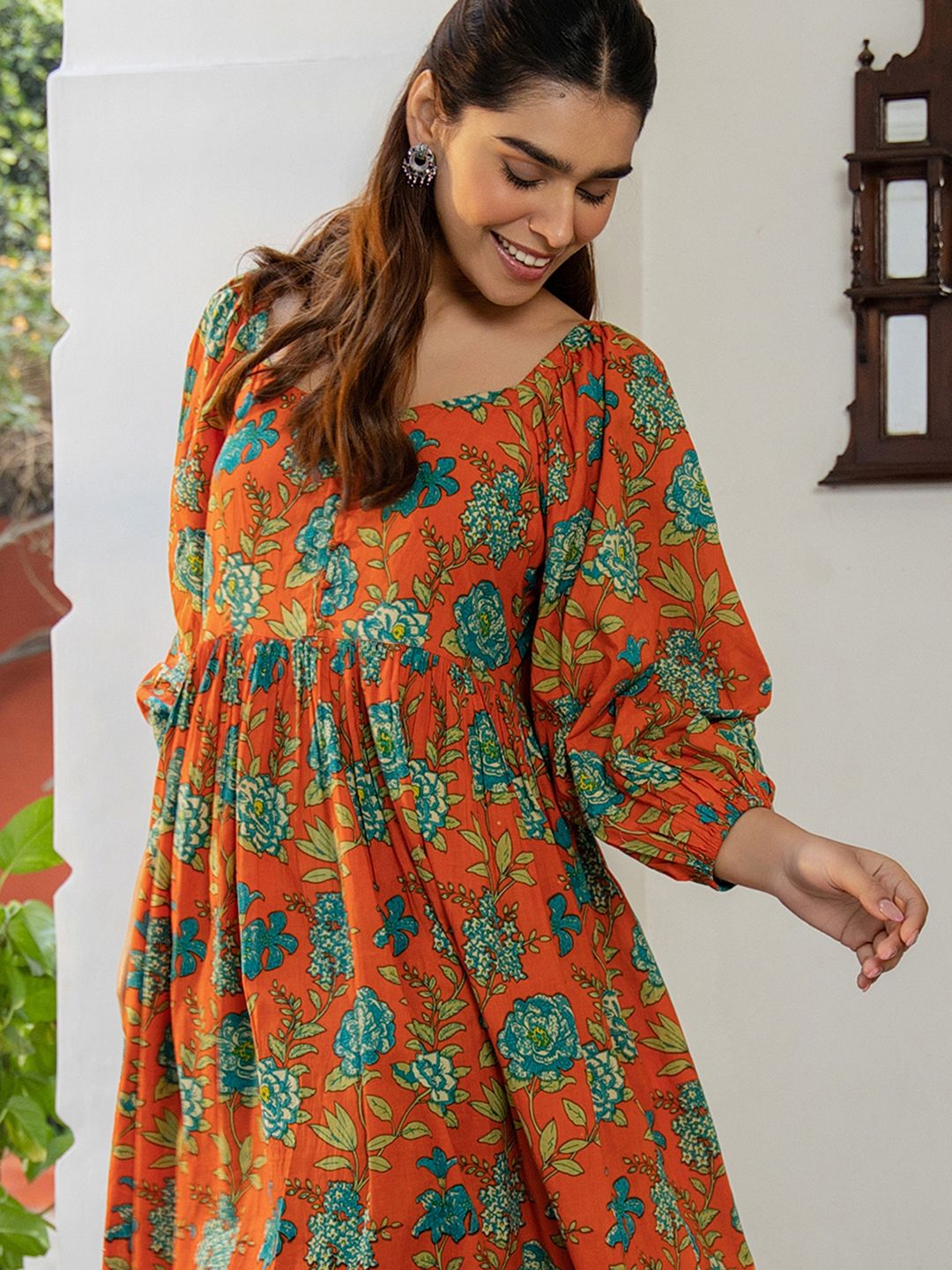 ZERESOUQ-Rust-Cotton-Sweet-Heart-Neck-Dress