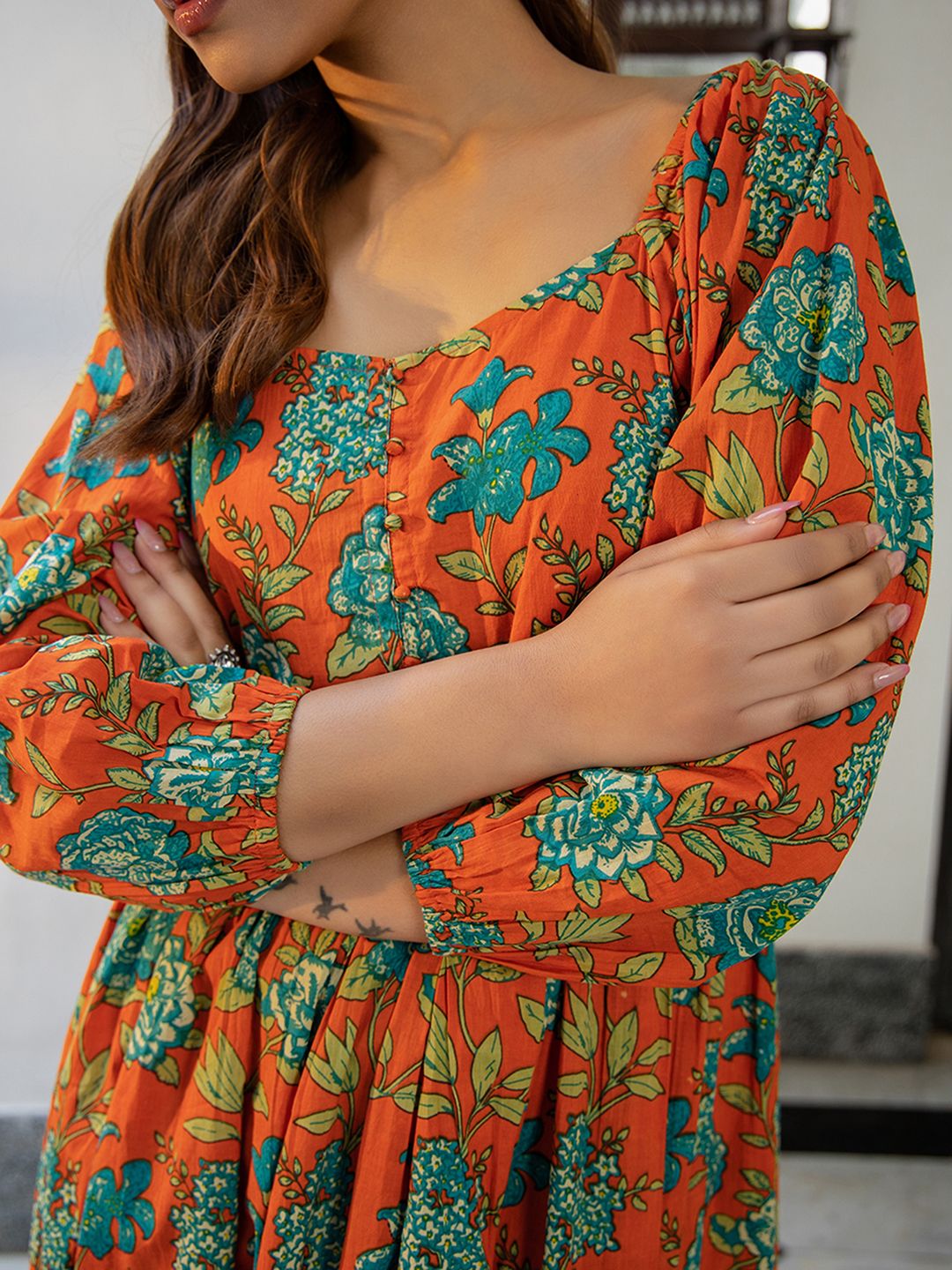 ZERESOUQ-Rust-Cotton-Sweet-Heart-Neck-Dress