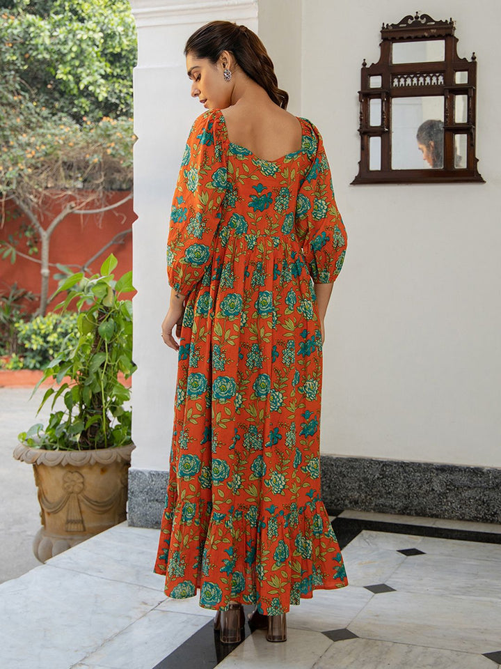 ZERESOUQ-Rust-Cotton-Sweet-Heart-Neck-Dress