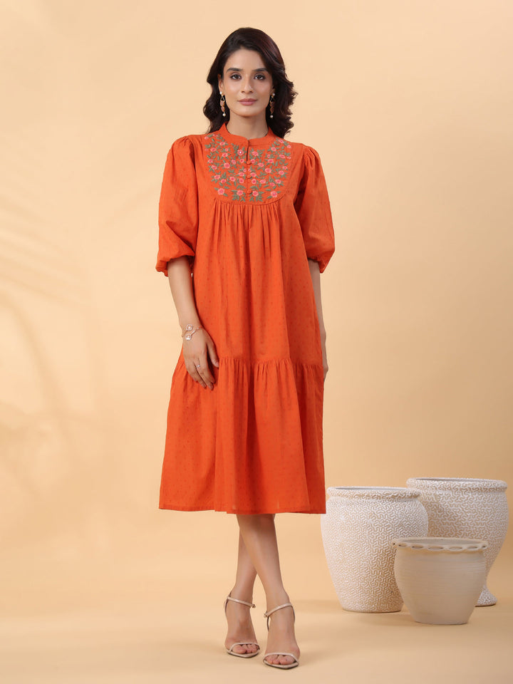 Rust-Dobby-Cotton-Embroidered-Pleated-Dress