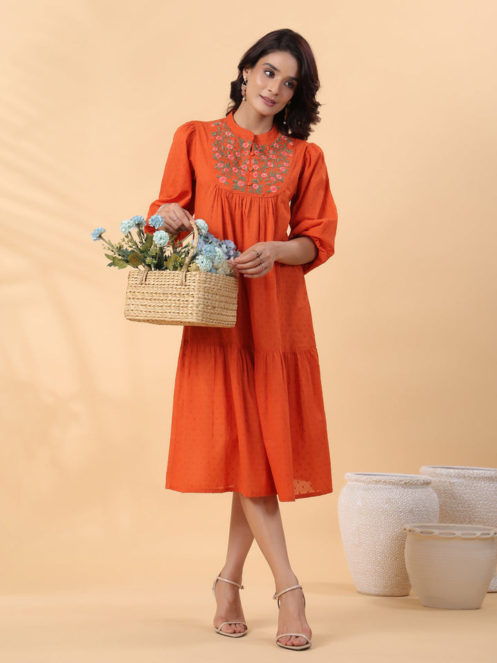 Rust-Dobby-Cotton-Embroidered-Pleated-Dress