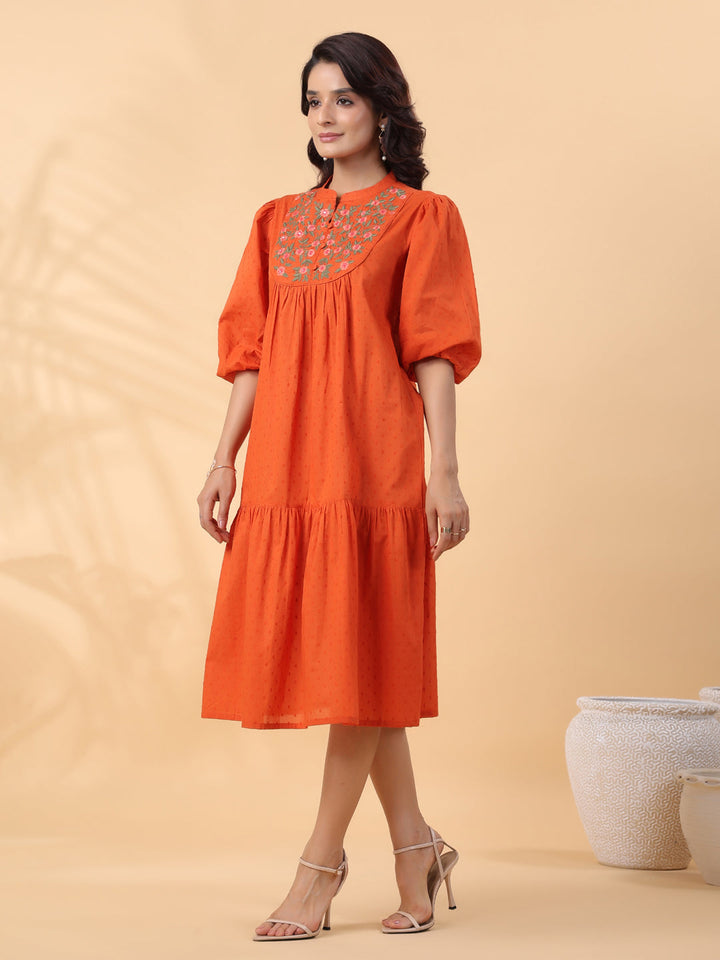 Rust-Dobby-Cotton-Embroidered-Pleated-Dress