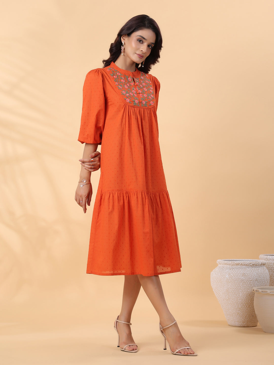 Rust-Dobby-Cotton-Embroidered-Pleated-Dress