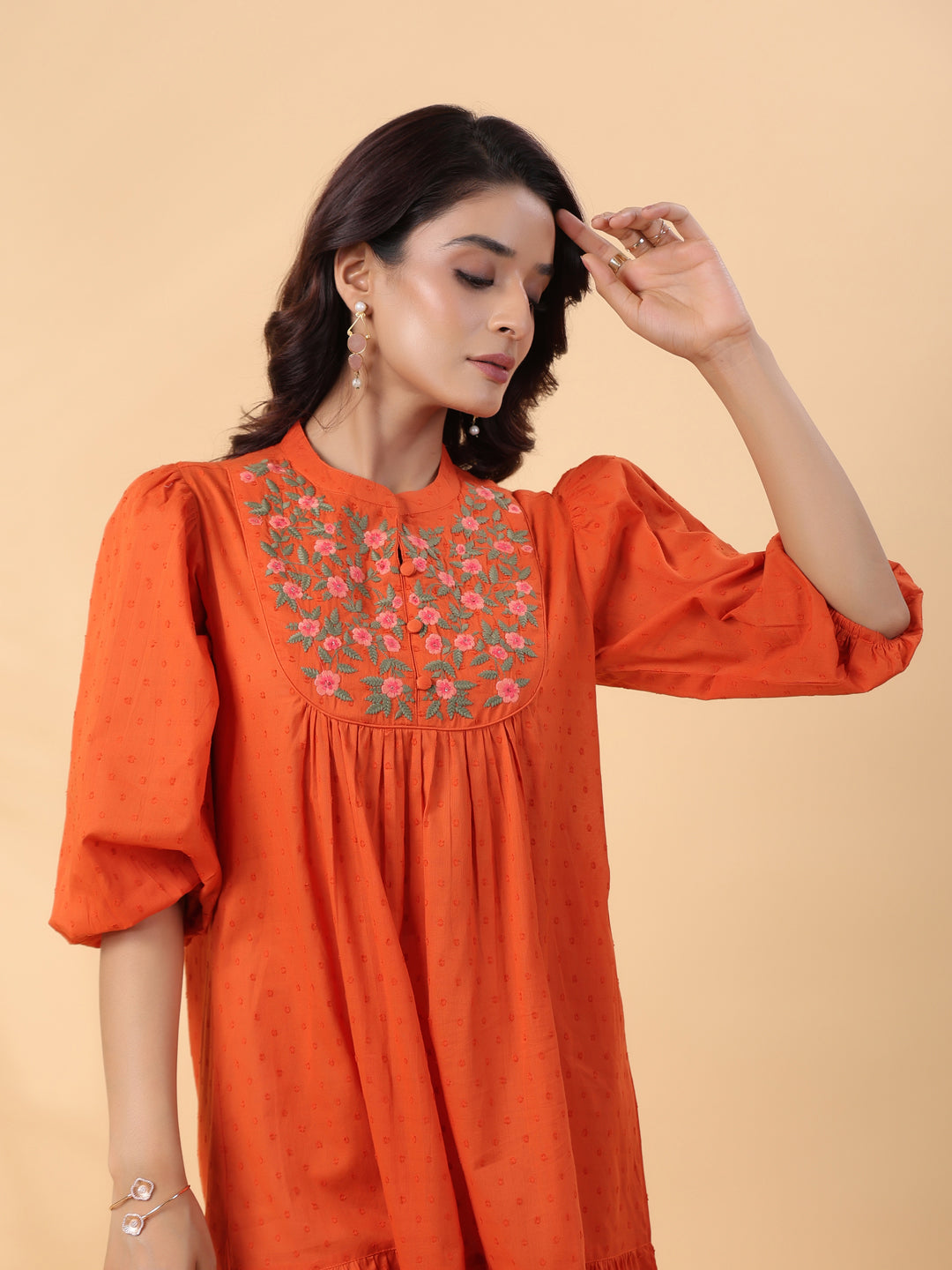 Rust-Dobby-Cotton-Embroidered-Pleated-Dress