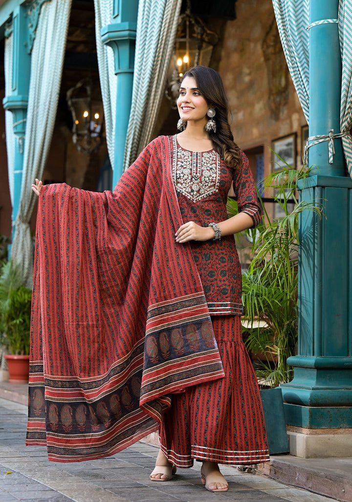 Rust-Cotton-Ethnic-Motifs-Dori-Embroidery-Sharara-Set