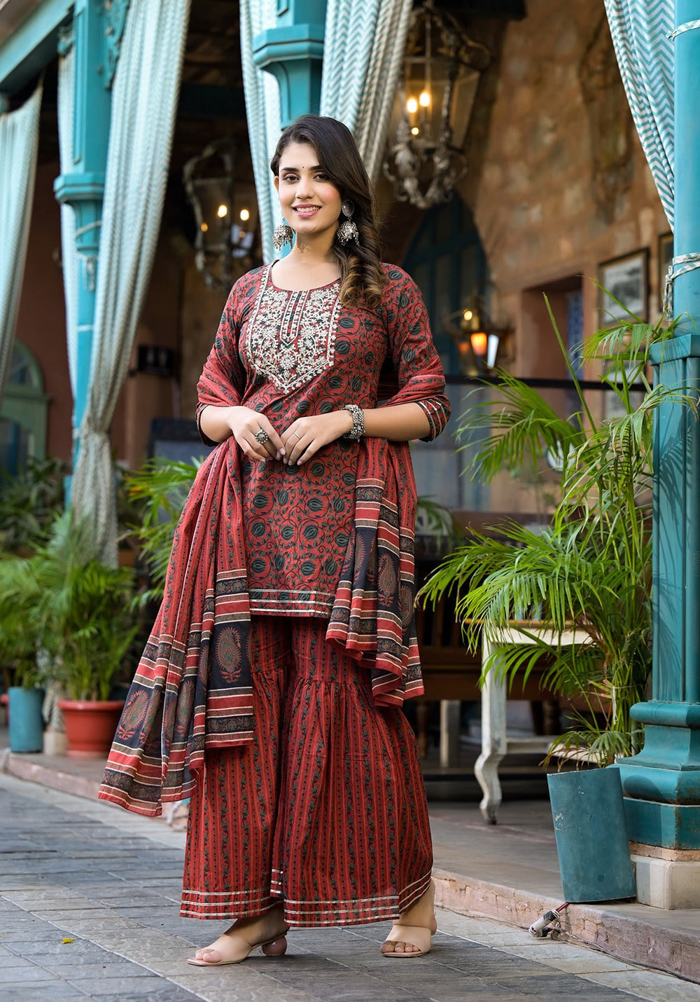 Rust-Cotton-Ethnic-Motifs-Dori-Embroidery-Sharara-Set