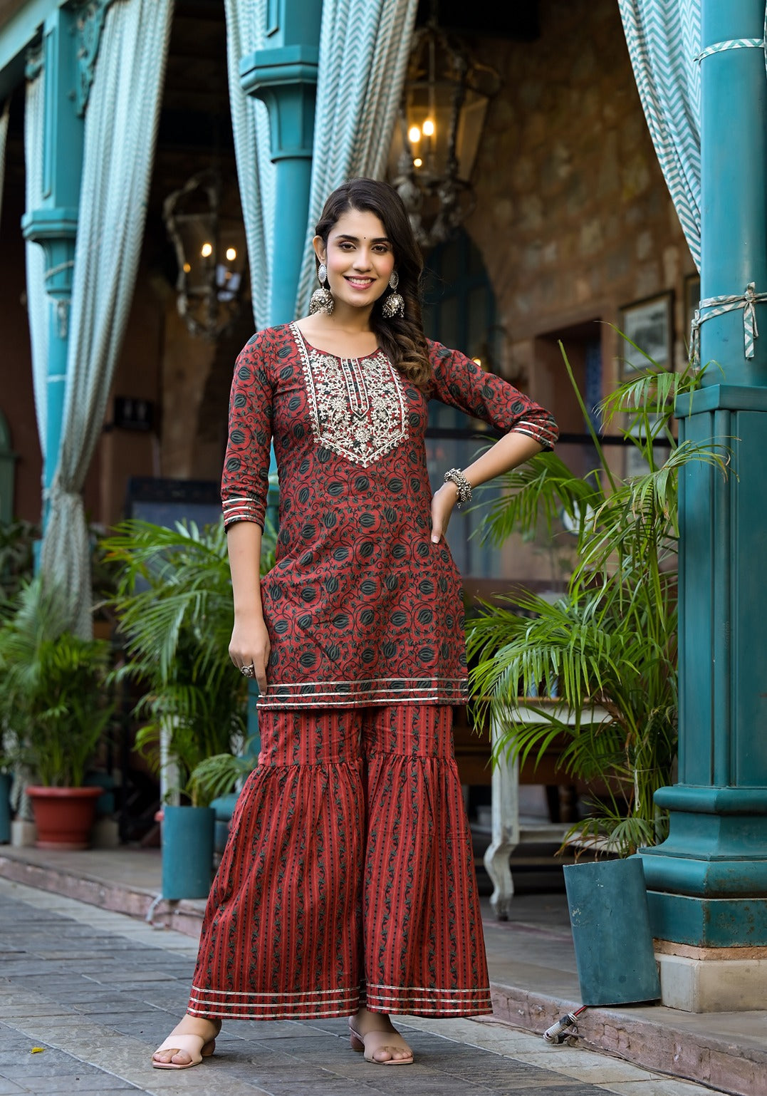 Rust-Cotton-Ethnic-Motifs-Dori-Embroidery-Sharara-Set